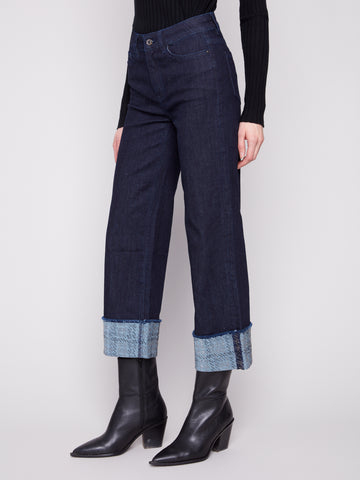 CHARLIE B C5544 ROLLED CUFF WITH STUDS STRAIGHT LEG STRETCH DENIM PANTS