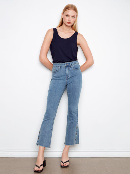 CHARLIE B C5588 STRETCH DENIM BOOTCUT LEG PANTS WITH SIDE SNAPS AT HEM