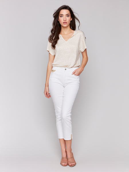 CHARLIE B C5613 CROPPED TWILL JEANS WITH SEQUIN COIN POCKET DETAIL