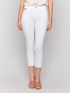 CHARLIE B C5613 CROPPED TWILL JEANS WITH SEQUIN COIN POCKET DETAIL