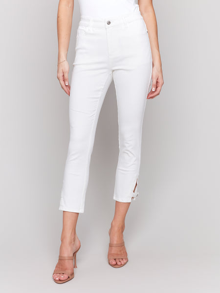 CHARLIE B C5624 SLIM CROP PANTS WITH SIDE MINI TABS- 2 colours