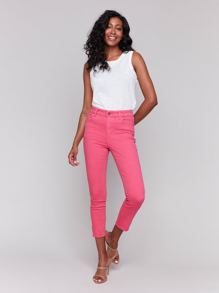 CHARLIE B C5624 SLIM CROP PANTS WITH SIDE MINI TABS- 2 colours