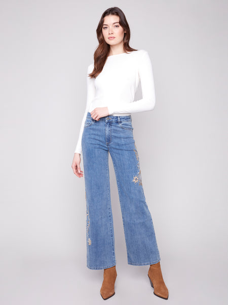 CHARLIE B C5669 FLOWER AND SEQUINS EMBROIDERED WIDE LEG STRETCH DENIM PANTS