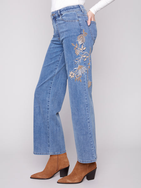 CHARLIE B C5669 FLOWER AND SEQUINS EMBROIDERED WIDE LEG STRETCH DENIM PANTS