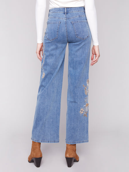 CHARLIE B C5669 FLOWER AND SEQUINS EMBROIDERED WIDE LEG STRETCH DENIM PANTS