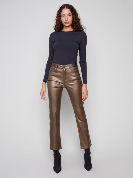 CHARLIE B C5671 SLIM LEG METALLIC WAX TWILL PANTS