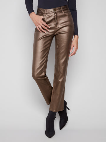 CHARLIE B C5671 SLIM LEG METALLIC WAX TWILL PANTS