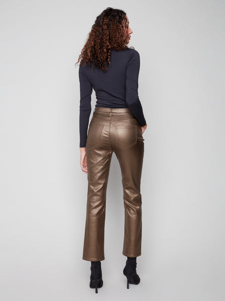 CHARLIE B C5671 SLIM LEG METALLIC WAX TWILL PANTS