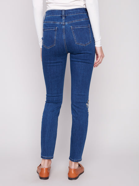 CHARLIE B C5672 BEADED EMBROIDERY SKINNY LEG STRETCH DENIM PANTS