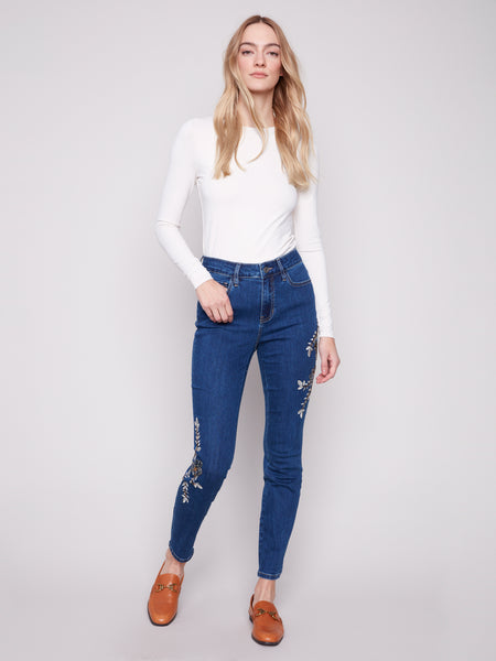CHARLIE B C5672 BEADED EMBROIDERY SKINNY LEG STRETCH DENIM PANTS