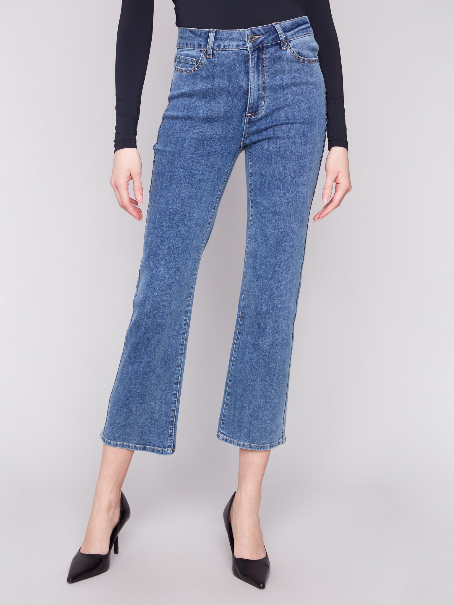 CHARLIE B C5677 STRAIGHT LEG STRETCH DENIM PANTS WITH STUDS ON SIDES