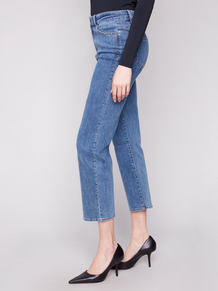 CHARLIE B C5677 STRAIGHT LEG STRETCH DENIM PANTS WITH STUDS ON SIDES