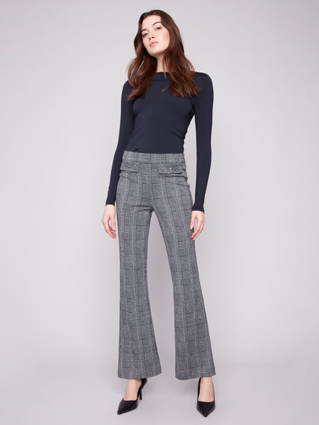 CHARLIE B C5679 FLARE GREEN PLAID PANT WITH STUDDED FLAPS