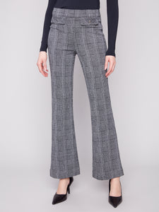 CHARLIE B C5679 FLARE GREEN PLAID PANT WITH STUDDED FLAPS