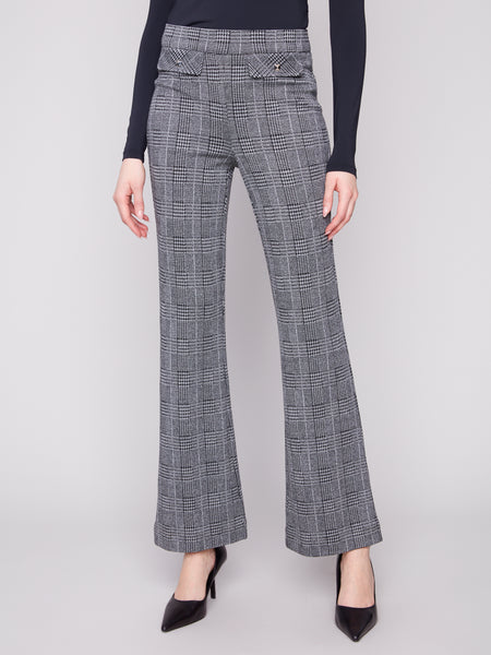 CHARLIE B C5679 FLARE GREEN PLAID PANT WITH STUDDED FLAPS
