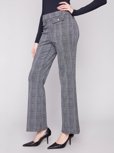 CHARLIE B C5679 FLARE GREEN PLAID PANT WITH STUDDED FLAPS