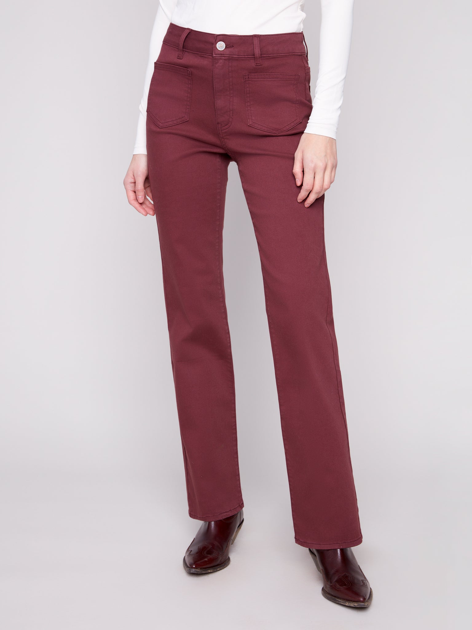 CHARLIE B C5687 FLARE LEG COLOURED TWILL PANTS WITH PATCH POCKETS AND SPECIAL RIVETS