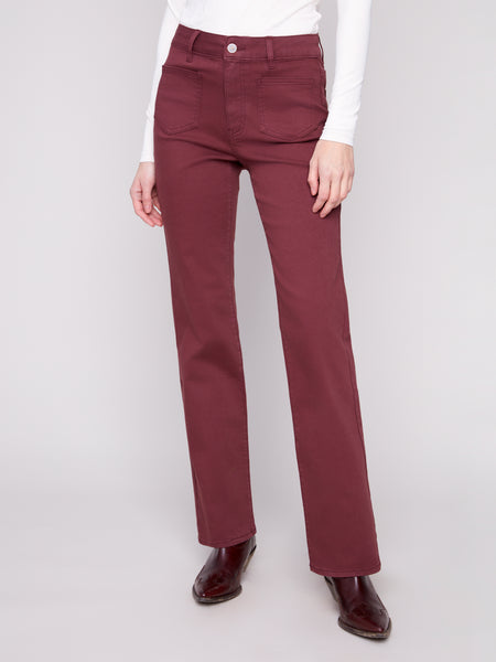 CHARLIE B C5687 FLARE LEG COLOURED TWILL PANTS WITH PATCH POCKETS AND SPECIAL RIVETS