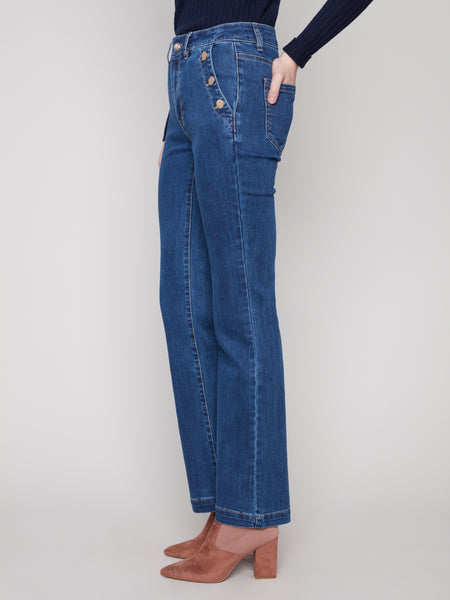CHARLIE B C5690 FLARE LEG COLOURED TWILL PANTS WITH BUTTONS AT SIDE POCKETS- 2 COLOURS