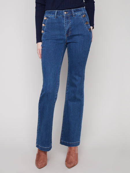 CHARLIE B C5690 FLARE LEG COLOURED TWILL PANTS WITH BUTTONS AT SIDE POCKETS- 2 COLOURS