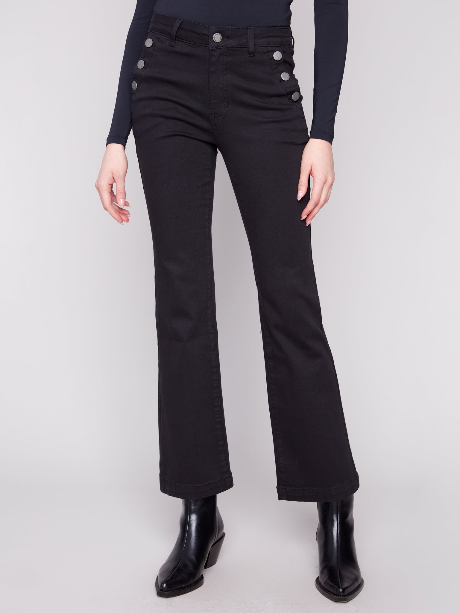 CHARLIE B C5690 FLARE LEG COLOURED TWILL PANTS WITH BUTTONS AT SIDE POCKETS