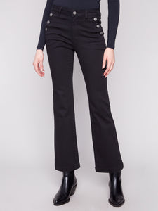 CHARLIE B C5690 FLARE LEG COLOURED TWILL PANTS WITH BUTTONS AT SIDE POCKETS