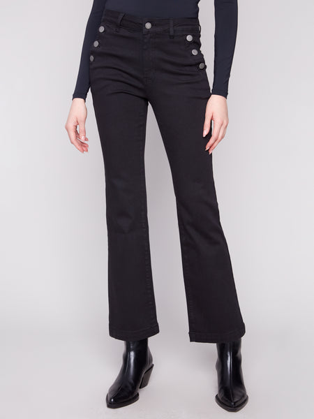 CHARLIE B C5690 FLARE LEG COLOURED TWILL PANTS WITH BUTTONS AT SIDE POCKETS
