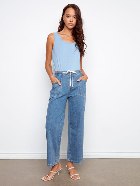 CHARLIE B C5738 DRAWSTRING WIDE LEG DENIM PANTS WITH PATCH POCKETS
