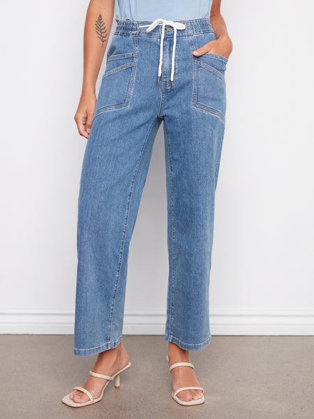 CHARLIE B C5738 DRAWSTRING WIDE LEG DENIM PANTS WITH PATCH POCKETS
