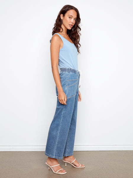 CHARLIE B C5738 DRAWSTRING WIDE LEG DENIM PANTS WITH PATCH POCKETS