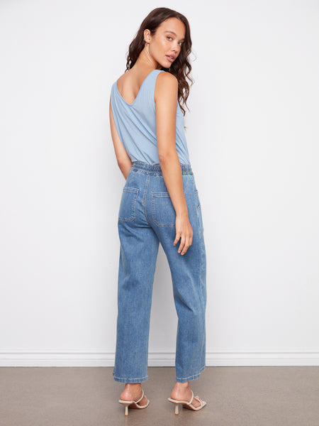 CHARLIE B C5738 DRAWSTRING WIDE LEG DENIM PANTS WITH PATCH POCKETS