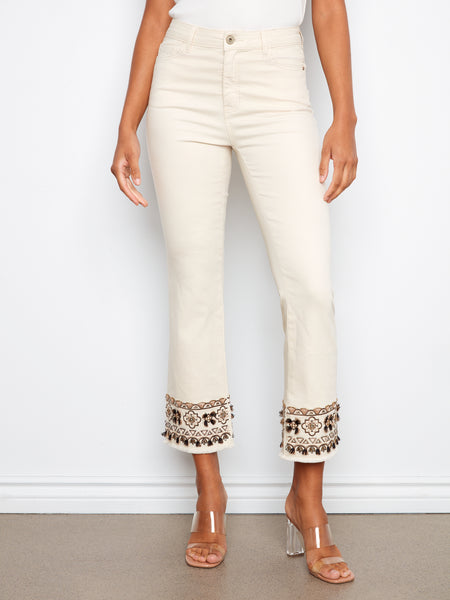 CHARLIE B C5739 FLARE LEG CROPPED FLEX TWILL PANTS WITH EMBROIDERY HEM