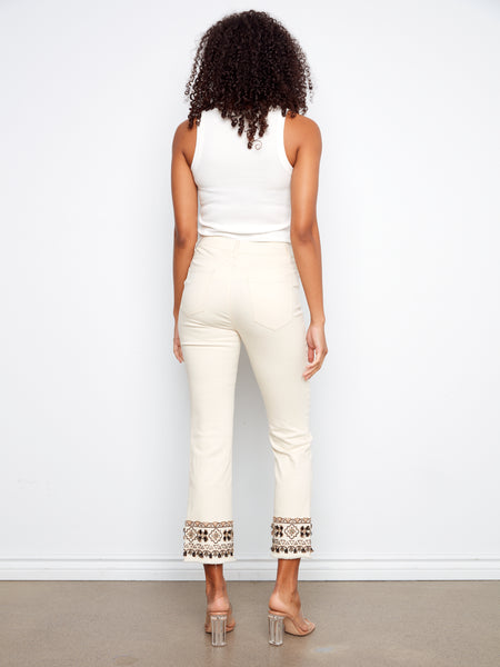 CHARLIE B C5739 FLARE LEG CROPPED FLEX TWILL PANTS WITH EMBROIDERY HEM