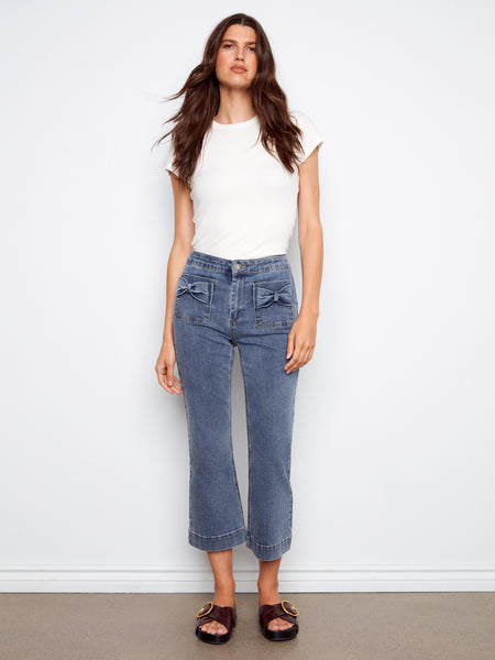 CHARLIE B C5759 FLARE LEG STRETCH DENIM PANTS WITH BOW PATCH POCKETS