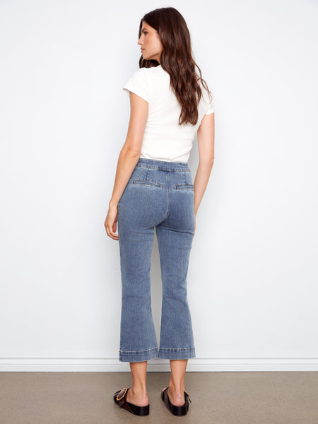 CHARLIE B C5759 FLARE LEG STRETCH DENIM PANTS WITH BOW PATCH POCKETS