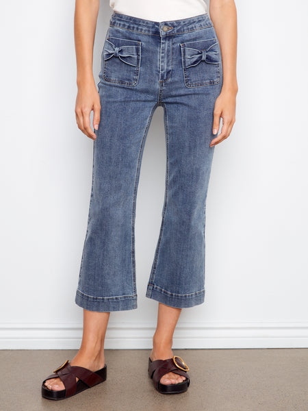 CHARLIE B C5759 FLARE LEG STRETCH DENIM PANTS WITH BOW PATCH POCKETS