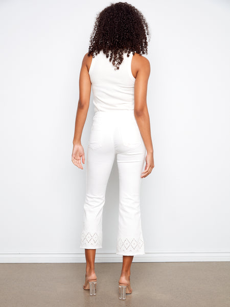 CHARLIE B C5764 RING SPUN FLARE LEG PANT WITH ZIG ZAG EMBROIDERY AT HEM