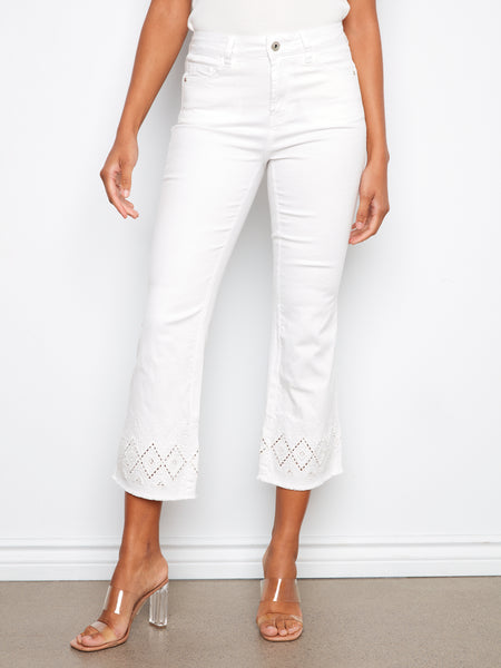 CHARLIE B C5764 RING SPUN FLARE LEG PANT WITH ZIG ZAG EMBROIDERY AT HEM
