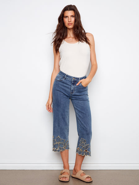 CHARLIE B C5765 CROPPED WIDE LEG STRETCH DENIM PANTS WITH FLOWER EMBROIDERY