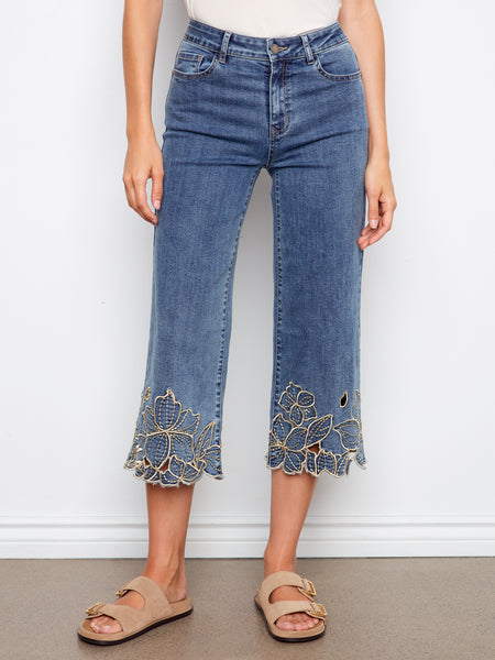 CHARLIE B C5765 CROPPED WIDE LEG STRETCH DENIM PANTS WITH FLOWER EMBROIDERY