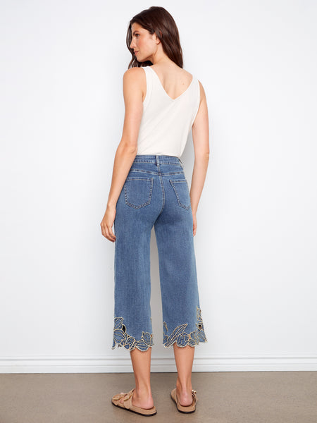 CHARLIE B C5765 CROPPED WIDE LEG STRETCH DENIM PANTS WITH FLOWER EMBROIDERY