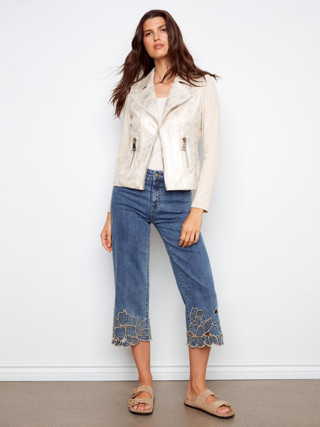 CHARLIE B C5765 CROPPED WIDE LEG STRETCH DENIM PANTS WITH FLOWER EMBROIDERY