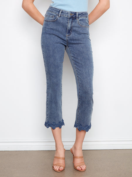 CHARLIE B C5766 FLARE LEG STRETCH DENIM PANTS WITH FLORAL TRIM AT HEM