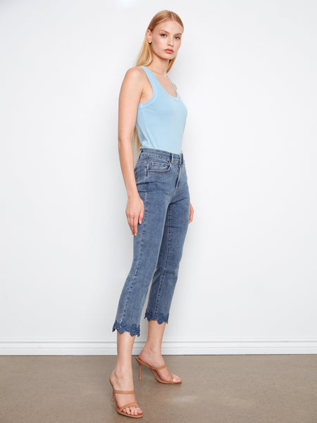 CHARLIE B C5766 FLARE LEG STRETCH DENIM PANTS WITH FLORAL TRIM AT HEM