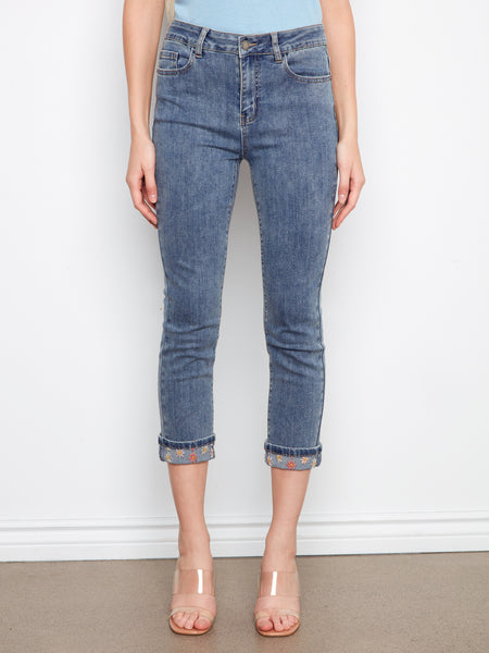 CHARLIE B C5770E STRETCH DENIM SLIM LEG PANT WITH EMBROIDERED CUFF