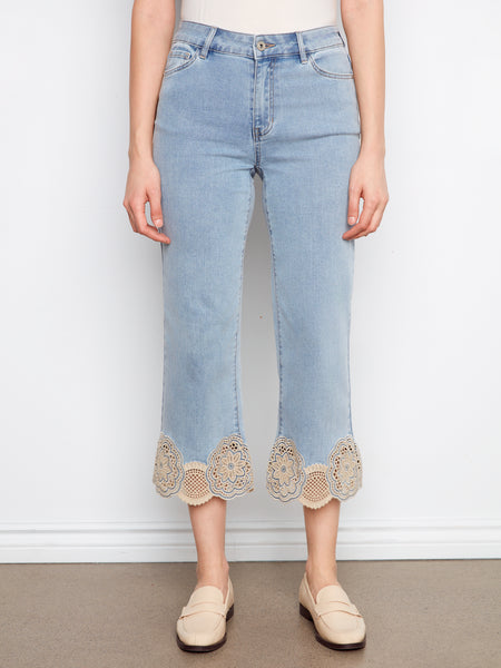 CHARLIE B C5773 STRETCH DENIM FLARE LEG PANTS WITH LAZER CUT LACE AT HEM