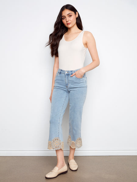 CHARLIE B C5773 STRETCH DENIM FLARE LEG PANTS WITH LAZER CUT LACE AT HEM