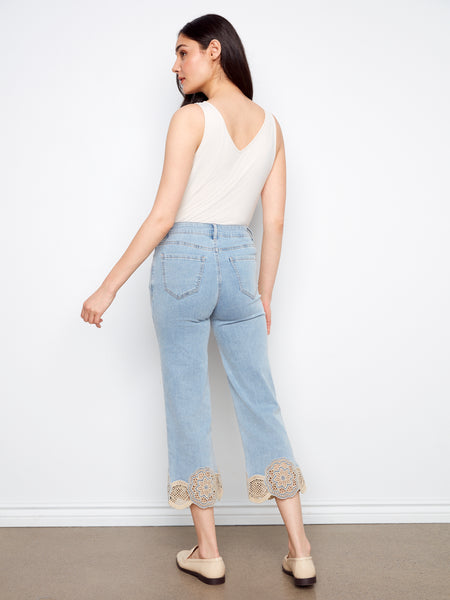 CHARLIE B C5773 STRETCH DENIM FLARE LEG PANTS WITH LAZER CUT LACE AT HEM