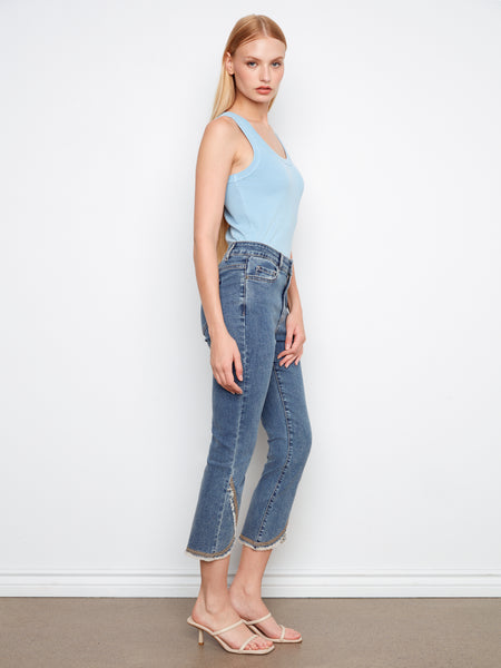 CHARLIE B C5777 SLIM LEG FRONT TULIP PANTS WITH EMBROIDERY STITCH