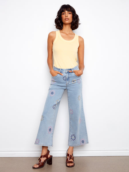 CHARLIE B C5779 WIDE LEG STRETCH DENIM PANTS WITH ALL OVER PIXELATED FLOWER EMBROIDERY